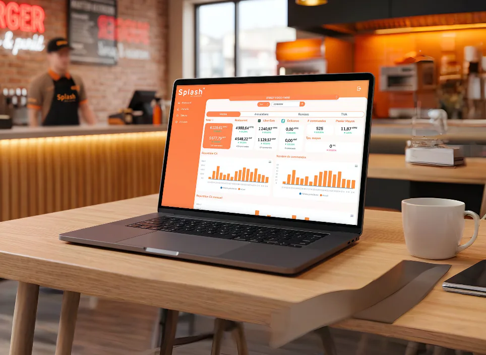 Ordinateur affichant le tableau de bord Splash360 dans un restaurant