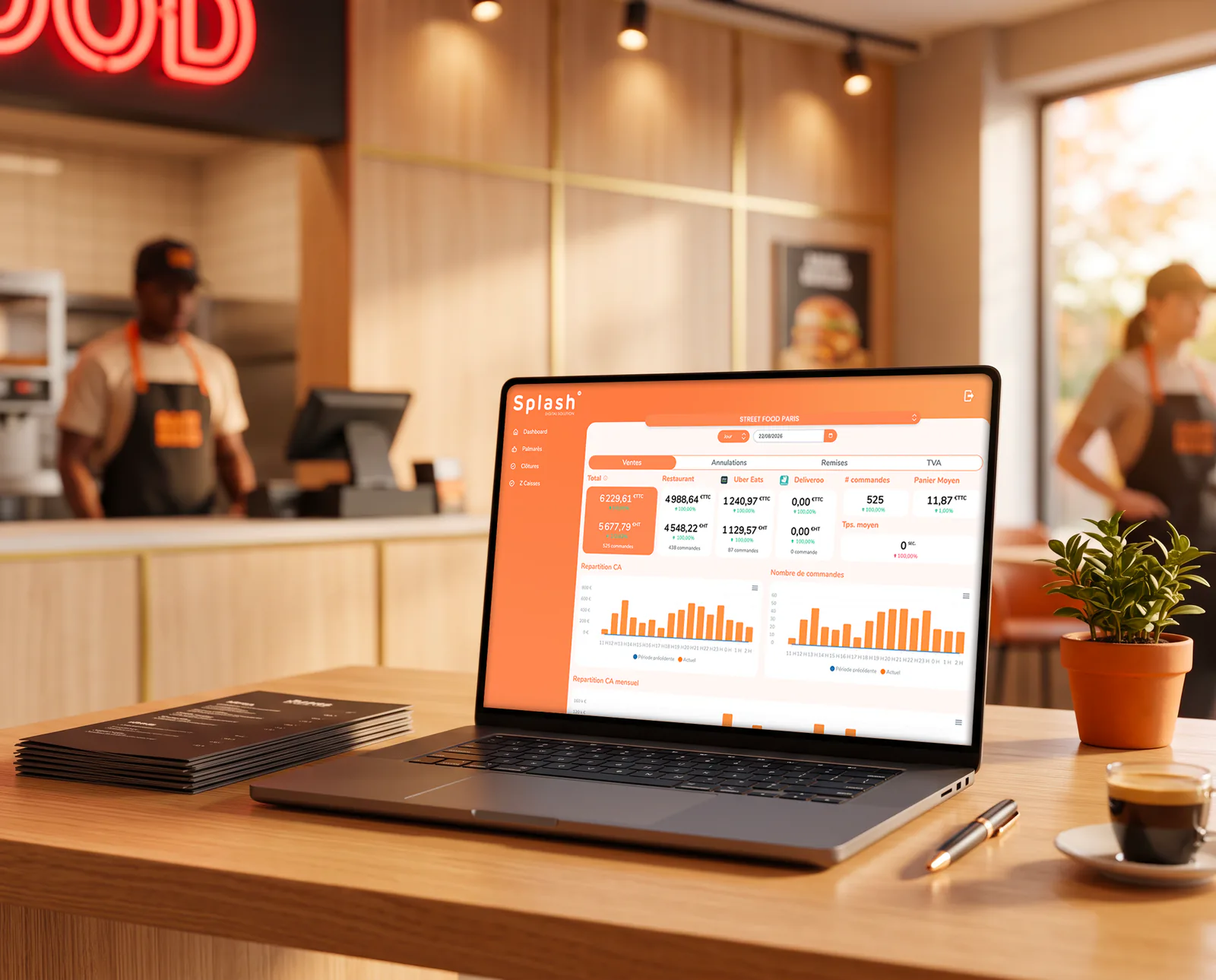 Back office Splash360 sur un écran de bureau, ventes et stocks