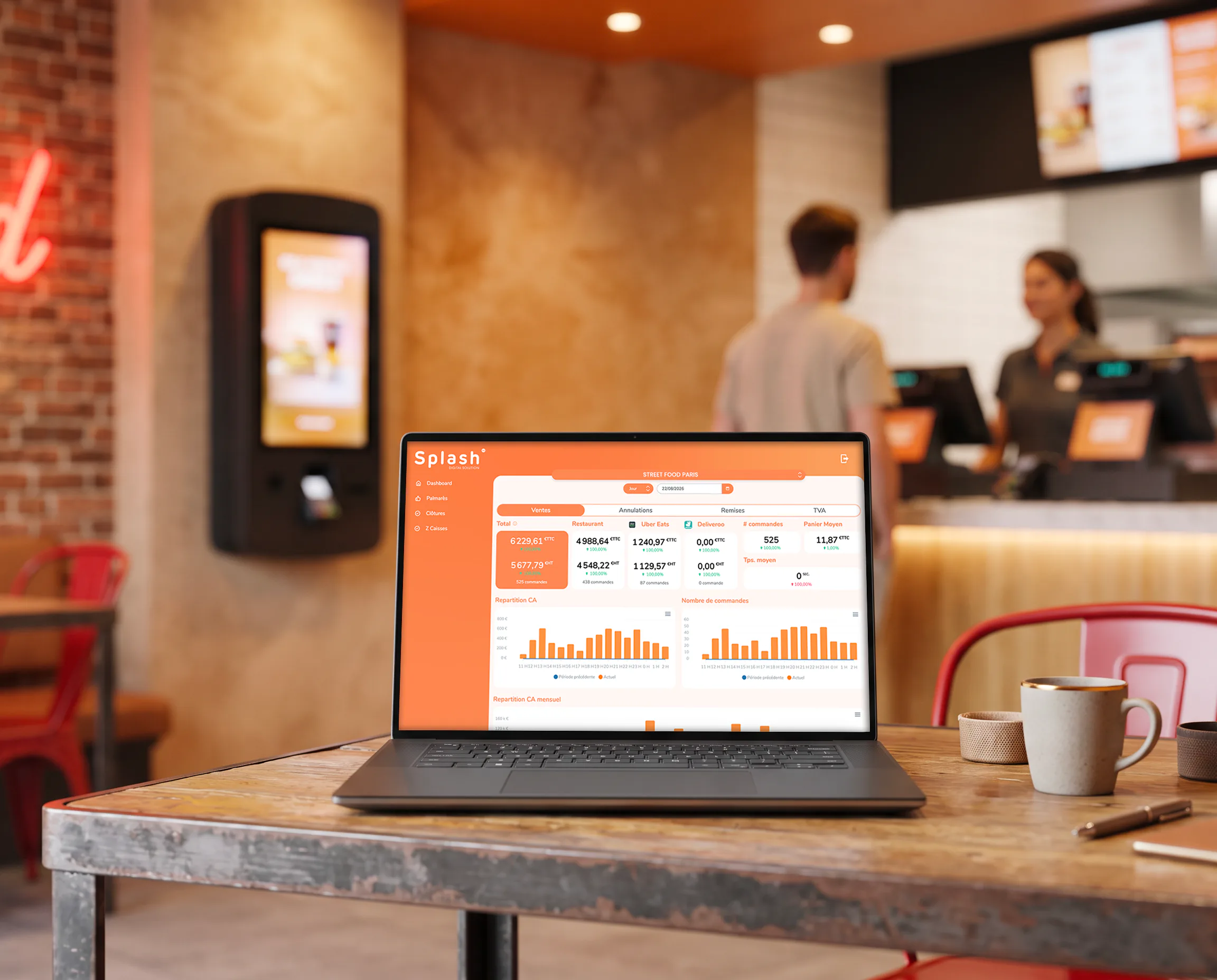 Back office Splash360 sur un ordinateur portable, ventes et stocks