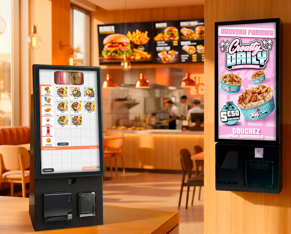 Bornes de commande Splash360 double face et murale dans un restaurant