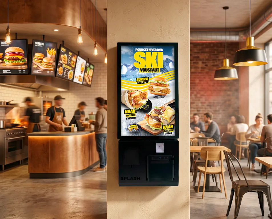 Borne de commande Splash360 sur pied dans un restaurant