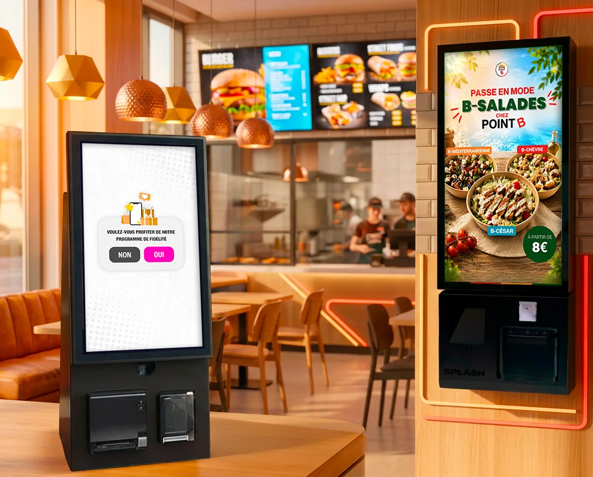 Bornes de commande tactiles Splash360 au comptoir et au mur dans un restaurant