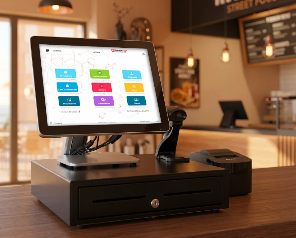 Caisse tactile Splash360 avec tiroir-caisse dans un restaurant