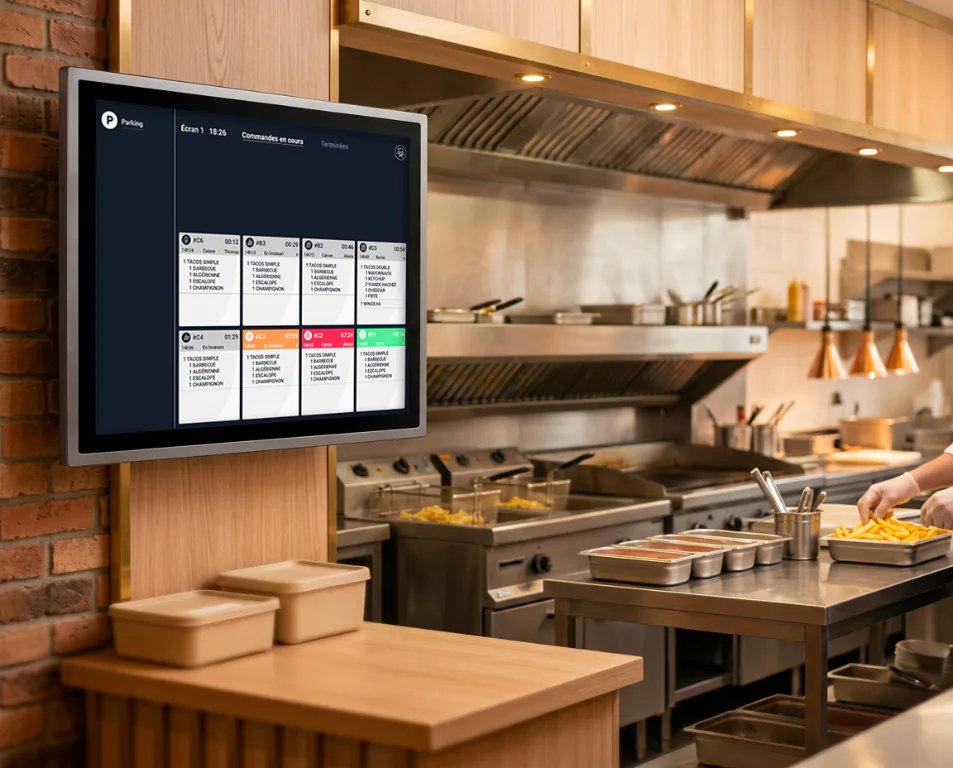 Écran Kitchen Display Splash360 dans une cuisine de restaurant en activité