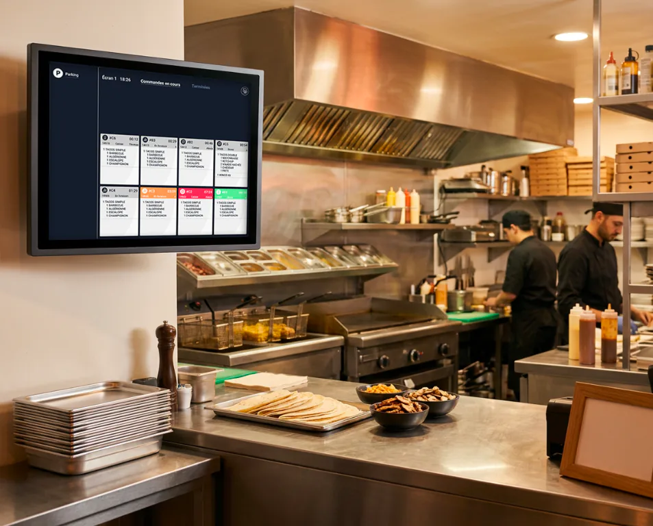 Écran kitchen display Splash360 affichant les commandes en cours dans une cuisine professionnelle