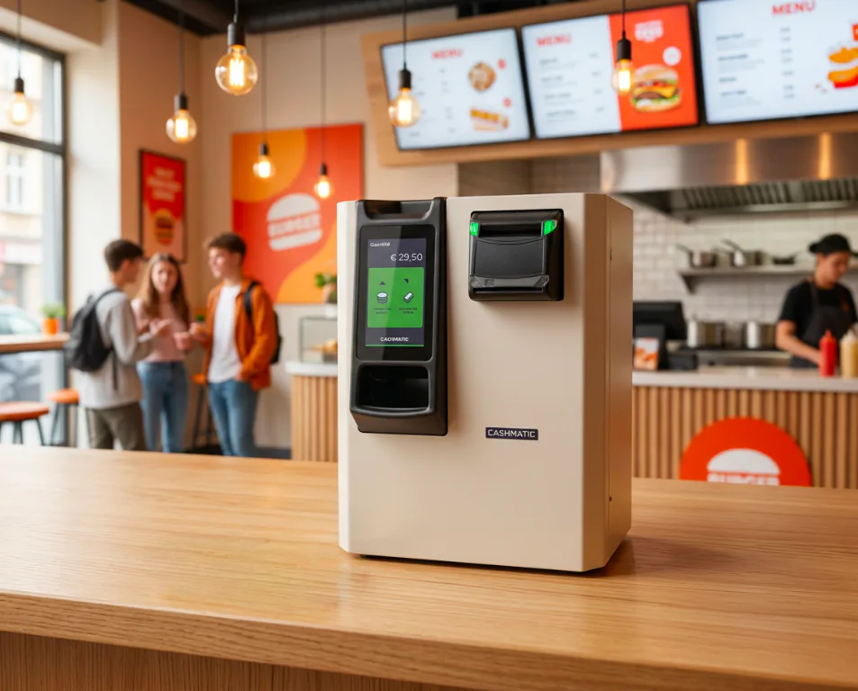 Monnayeur Cashmatic Splash360 dans un restaurant avec borne de commande